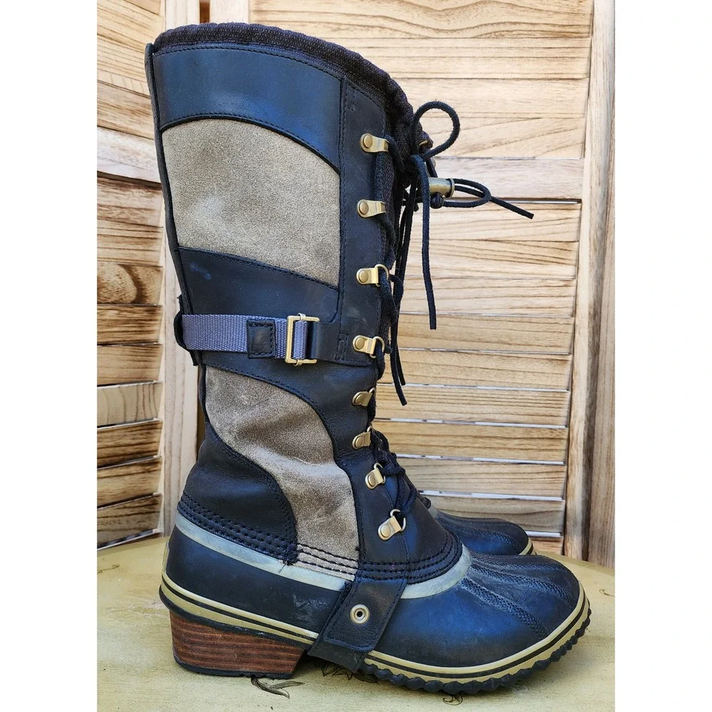 Sorel Sz 9.5 Black Leather Suede Conquest Carly Winter Snow Boots NL1897-270